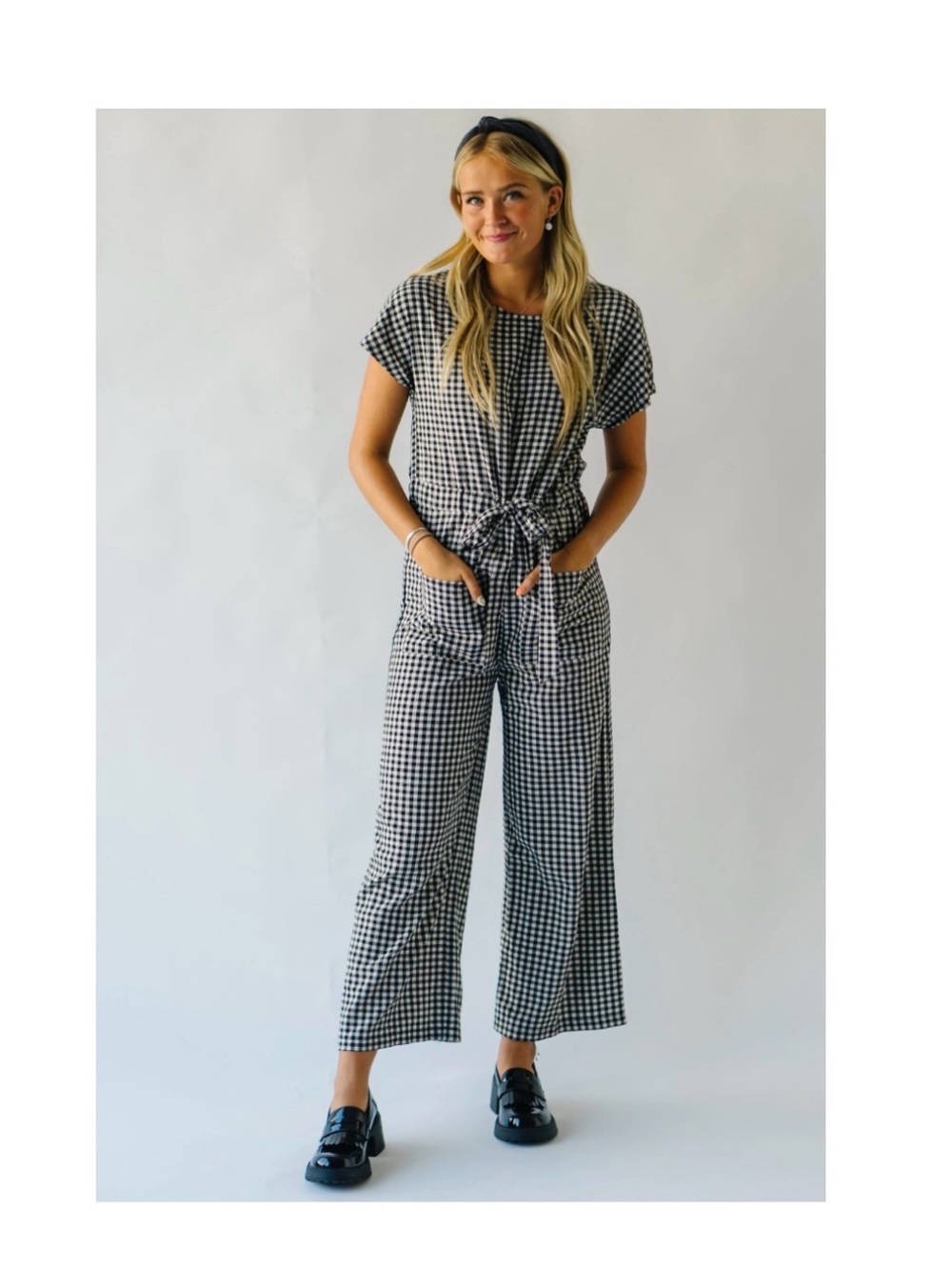 Piper & Scoot Black & White Gingham Tie-Waist Jumpsuit